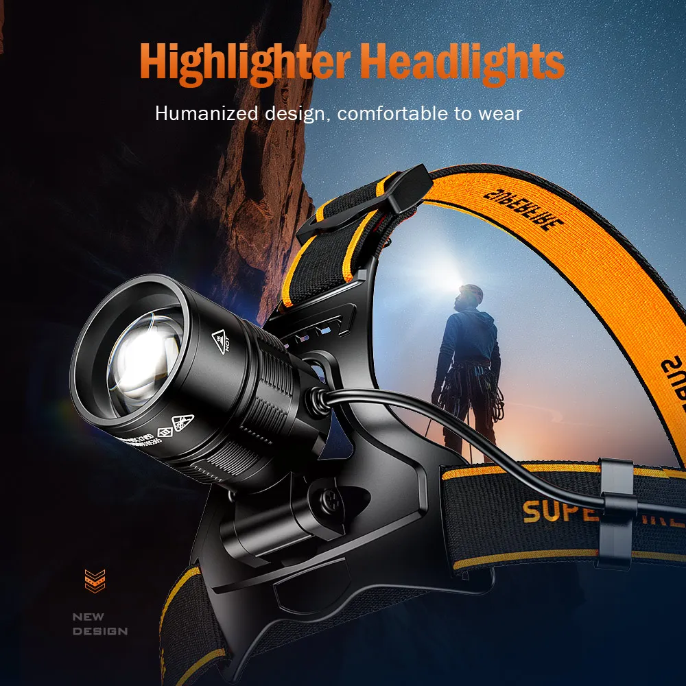 SUPERFIRE HL71 Powerful LED Headlamp Telescopic Zoomable Head Torch Sensor USB-C Rechargeable Fishing Camping Portable Headlight