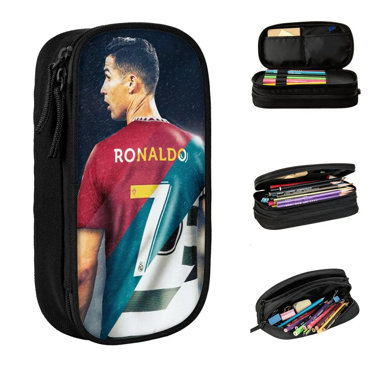 CR7 크리스티아누 호날도스 축구 연필 케이스, 더블 레이어 대용량, 사무실 액세서리, 문구, 생일 선물