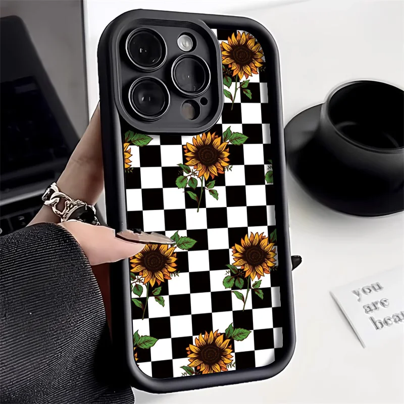 Cute Sunflower Phone Case For iPhone 14 11 15 Pro Max 12 13 XR X XS 16 Pro Max 15Plus Case Lens Protection Liquid Silicone Cover