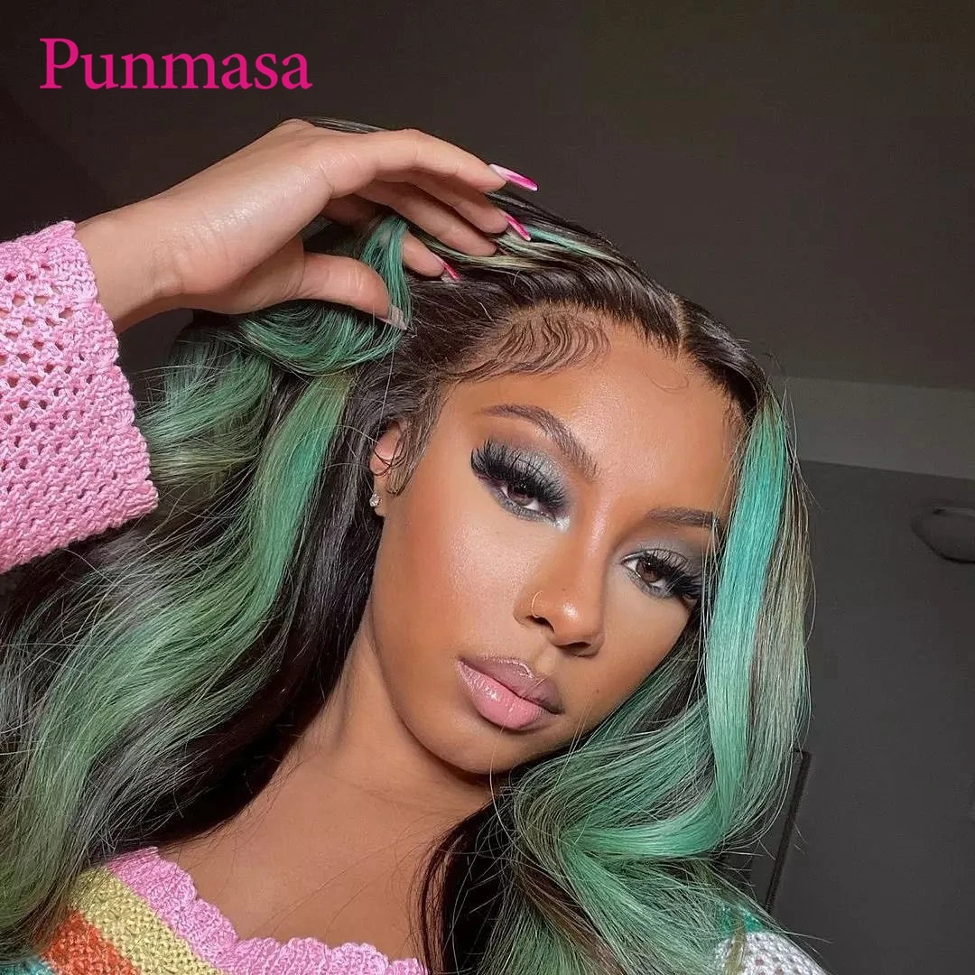 Green Lake Splice Color Body Wave Lace Front Peruca de cabelo humano para mulheres negras, 360 Lace Frontal Wig, 30 \