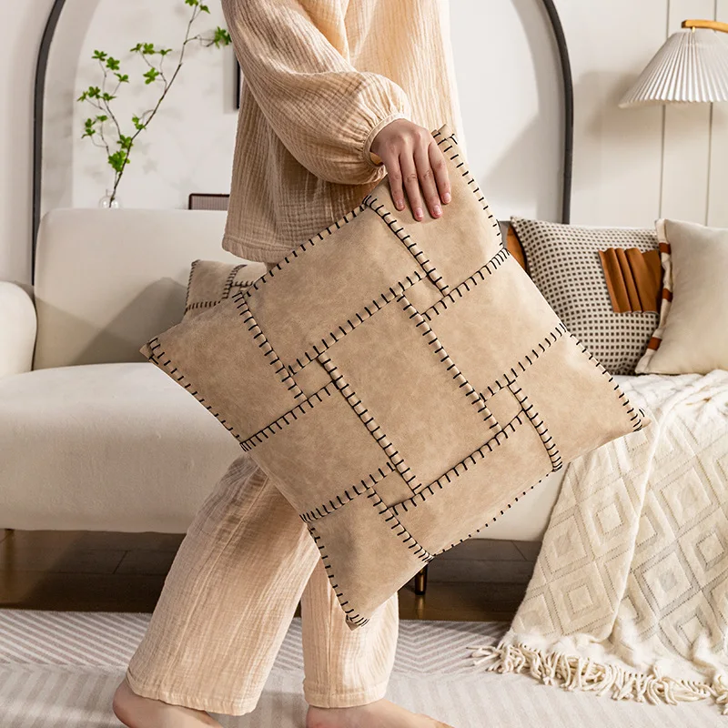 Modern Leather Patchwork Cushion Cover Khaki Light Luxury Geometric Splicing Pillowcase Home Design Living Room Sofa Pillowslip