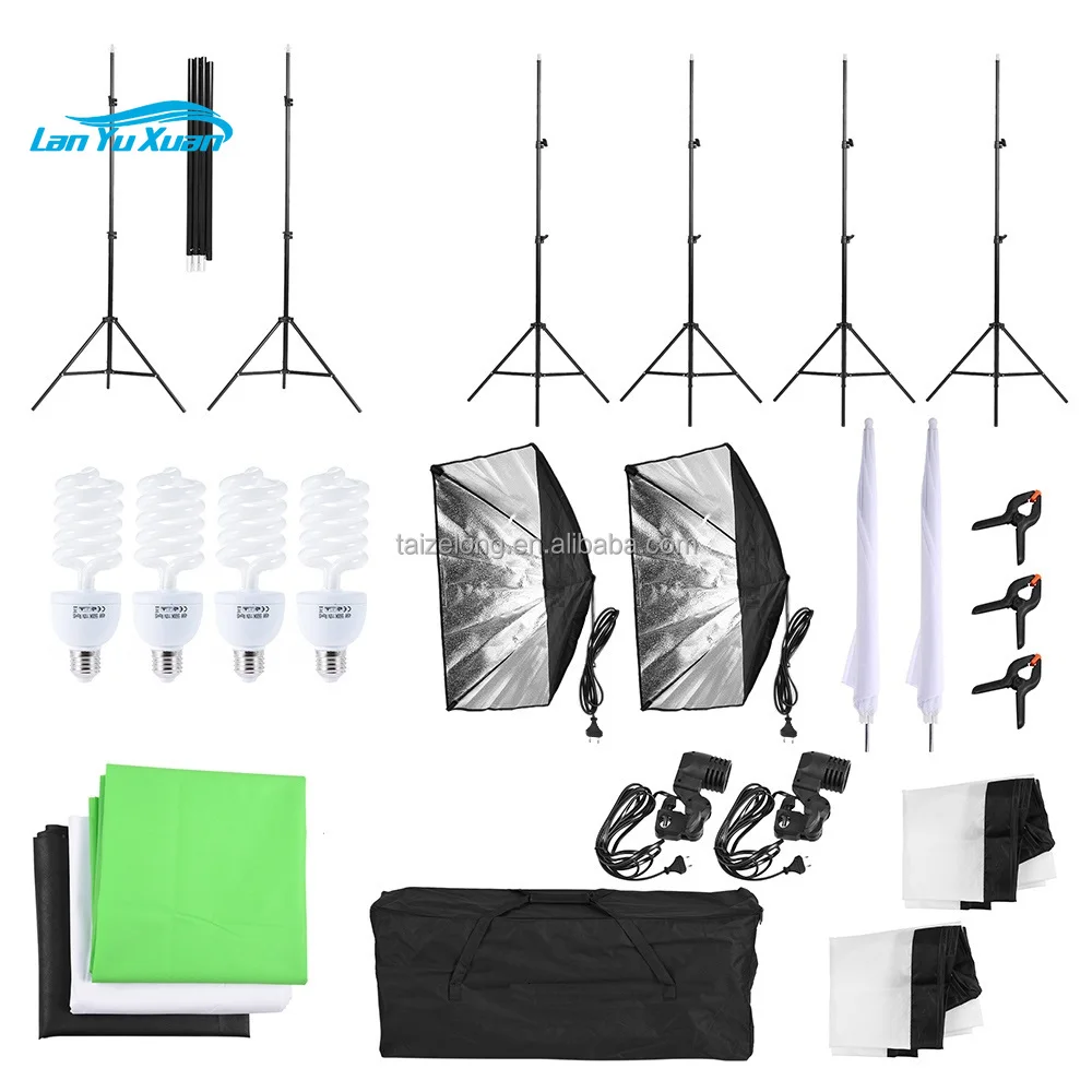 

Photography Photo Studio Softbox Lighting Kit With 2.6x3M Background Frame 3pcs Backdrop Tripod Stand Reflector Board 4 Umbrella