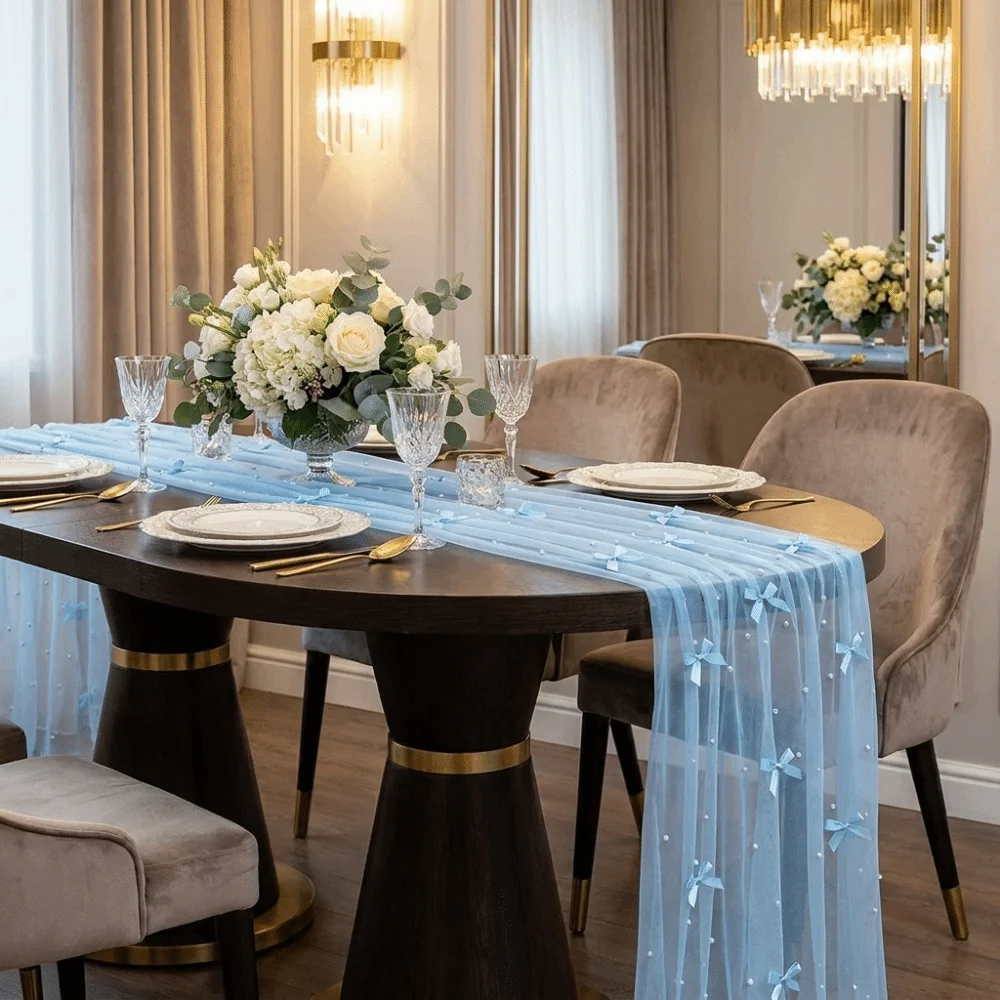 Romantic Bow Pearl Chiffon Runner Luxury Semi-Transparent Tulle Table Runner Decorative Polyester Pearl Table Runner Wedding