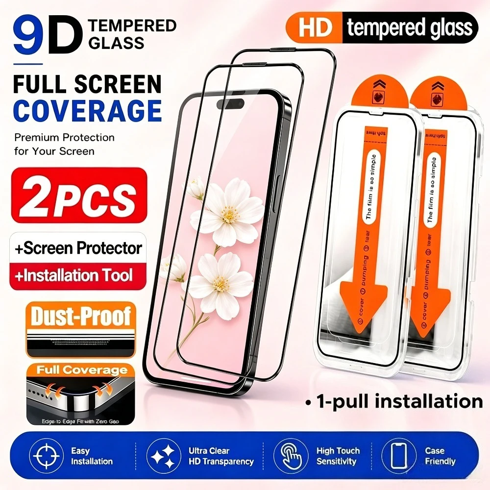 

2Pcs Full Cover Screen Protector for iPhone 17 16 15 14 Pro Max 17e 16e Air 13 12 11 Pro 15 14 Plus One Click Installation Glass