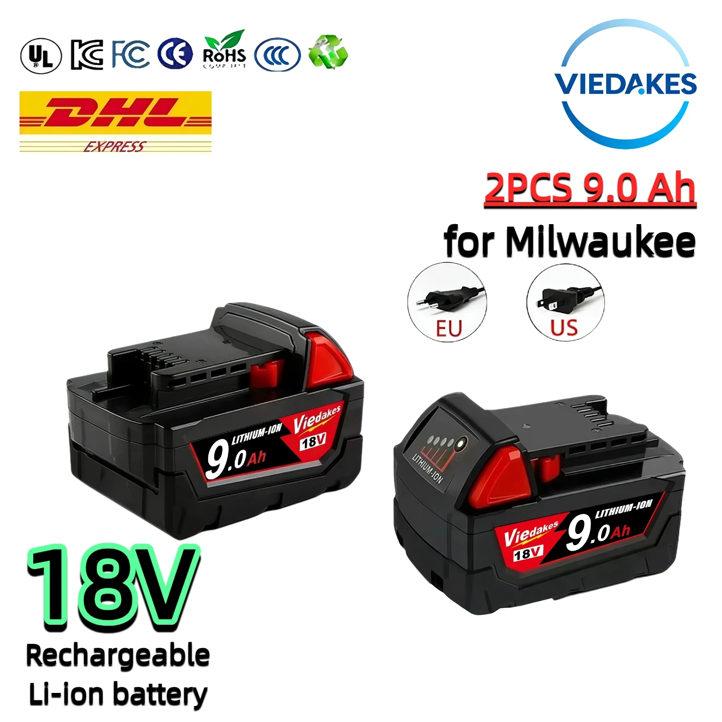 

Viedakes Original 18V 9Ah 18650 Rechargeable Battery for Milwaukee Battery Replacement M18 48-11-1850 XC