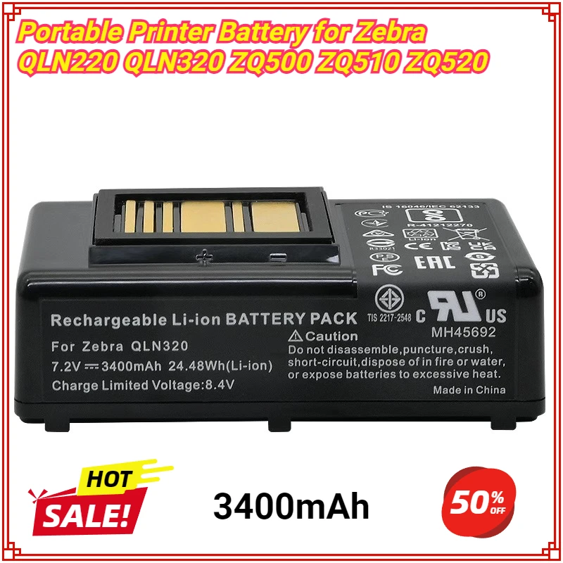 

Portable Printer Battery 7.2V/3400mAh/2600mAh for Zebra QLN220 QLN320 ZQ510 ZQ520 ZQ500 ZR628 ZR638 ZQ610 ZQ521 ZQ620