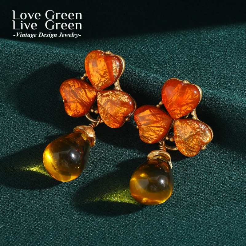 

Vintage Yellow Orange Glaze Drop Earring Water Droplet Gold Color Clover Luxury Jewelry Designer Quality For Woman Gifts Wedding