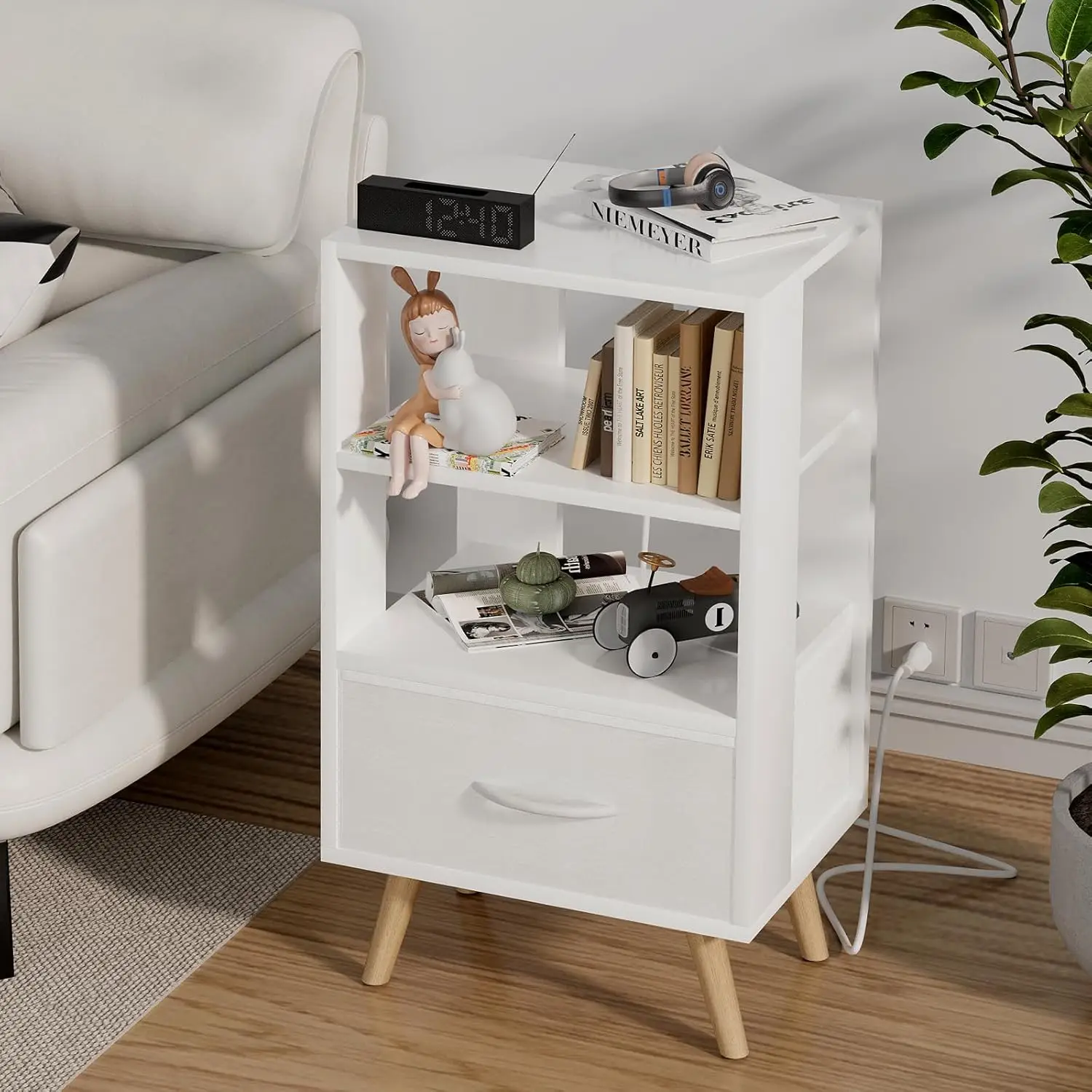 

Night Stand with Charging Station, White Nightstand with Drawer, 3-Tier Wooden Bedside Table with USB Ports and Outlets, End