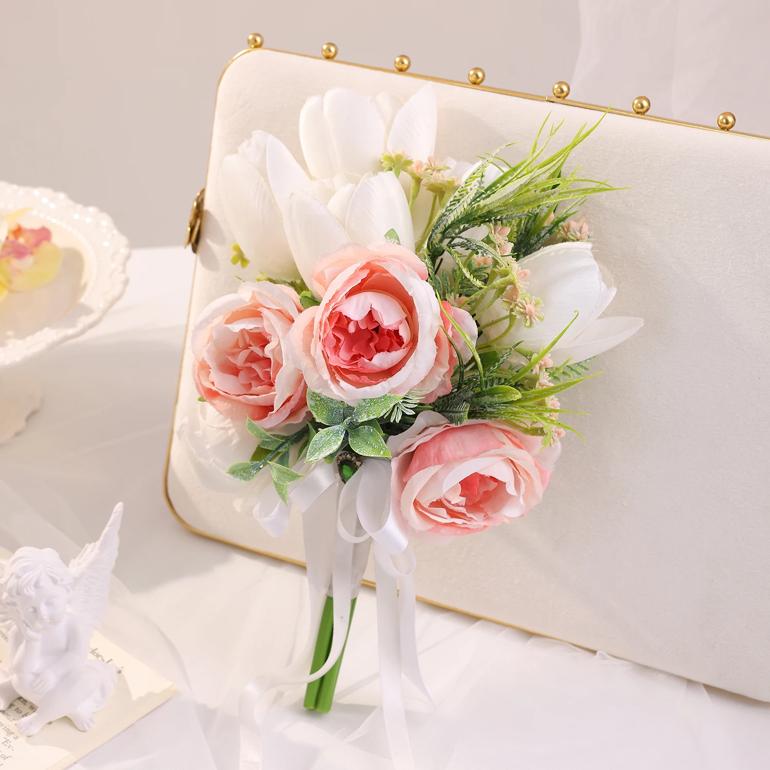 

Роза тюльпан ручной работы цветы листья свадебный букет для женщин невесты свадебные аксессуары