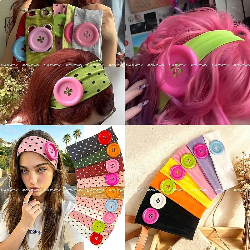 Vintage Women's Polka Dot Button Headband Spicy Girl Ins Y2K Japanese Trendy Headband Sweet Cool Sports Yoga Headband