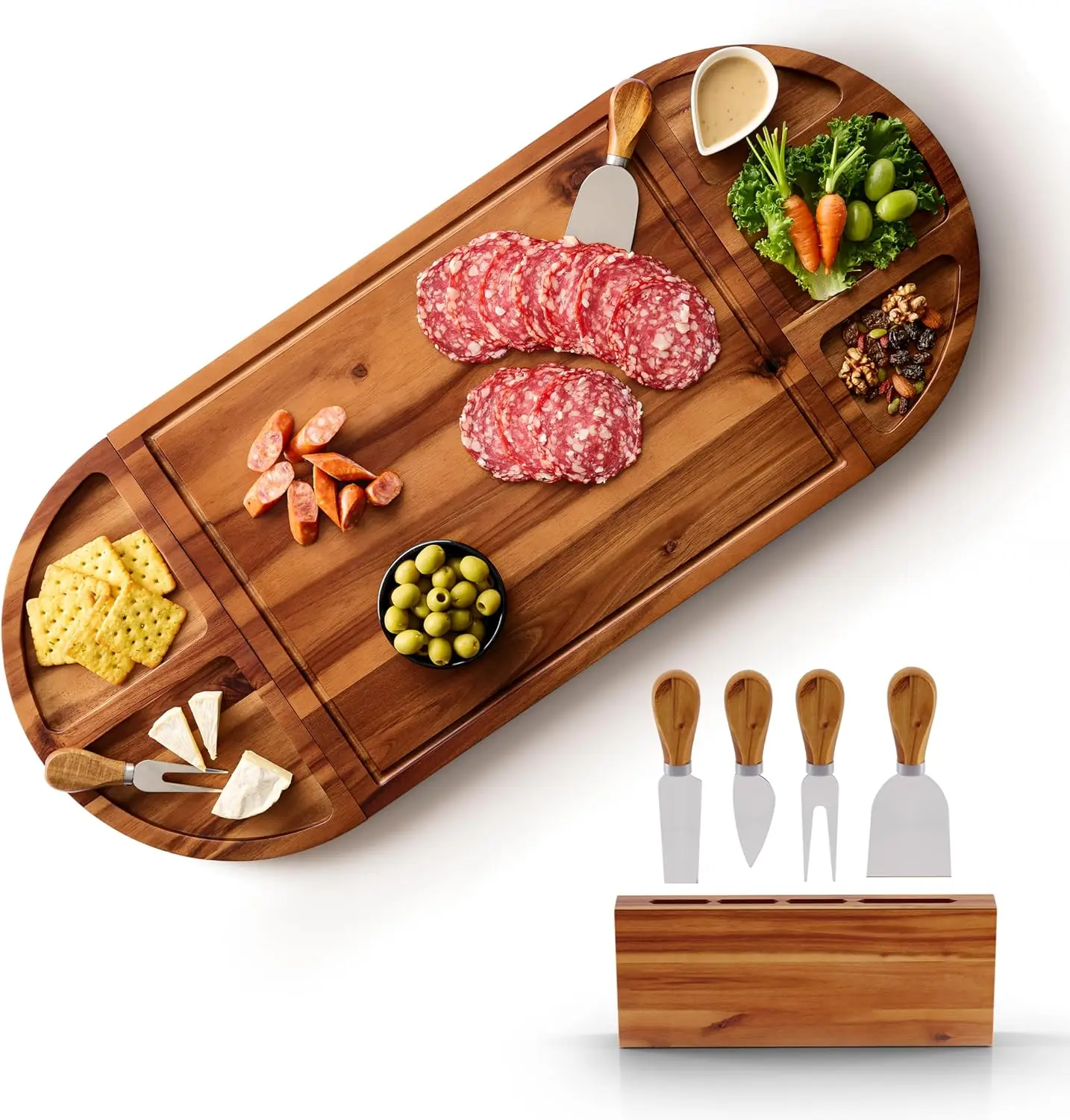 30 inch Large Acacia Wood Charcuterie Board with 4 Knives Set, Magnetic - 3 Parts Wooden Round