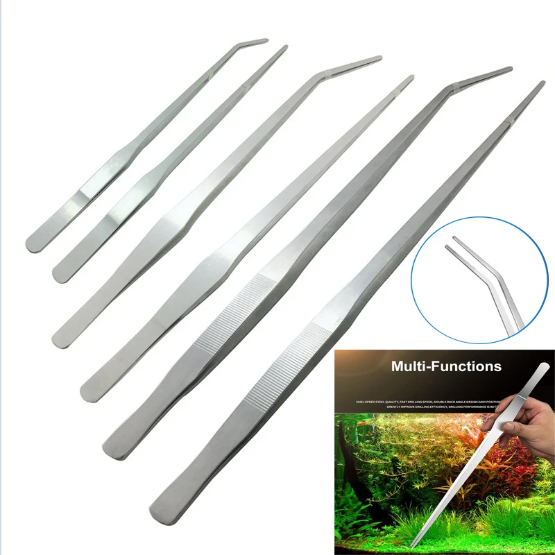 Stainless Steel Thick Curved Straight Tweezers 48cm Long Teeth Anti Slip Pet Feeding Tool, Aquarium Plant Tweezers
