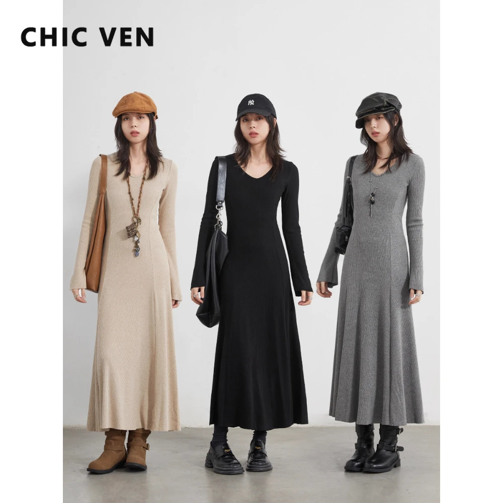

CHIC VEN Новые женские платья Однотонный V-образный вырез с длинным рукавом Трикотажное длинное женское платье трапециевидной формы Тонкий пуловер Осень Зима 2025