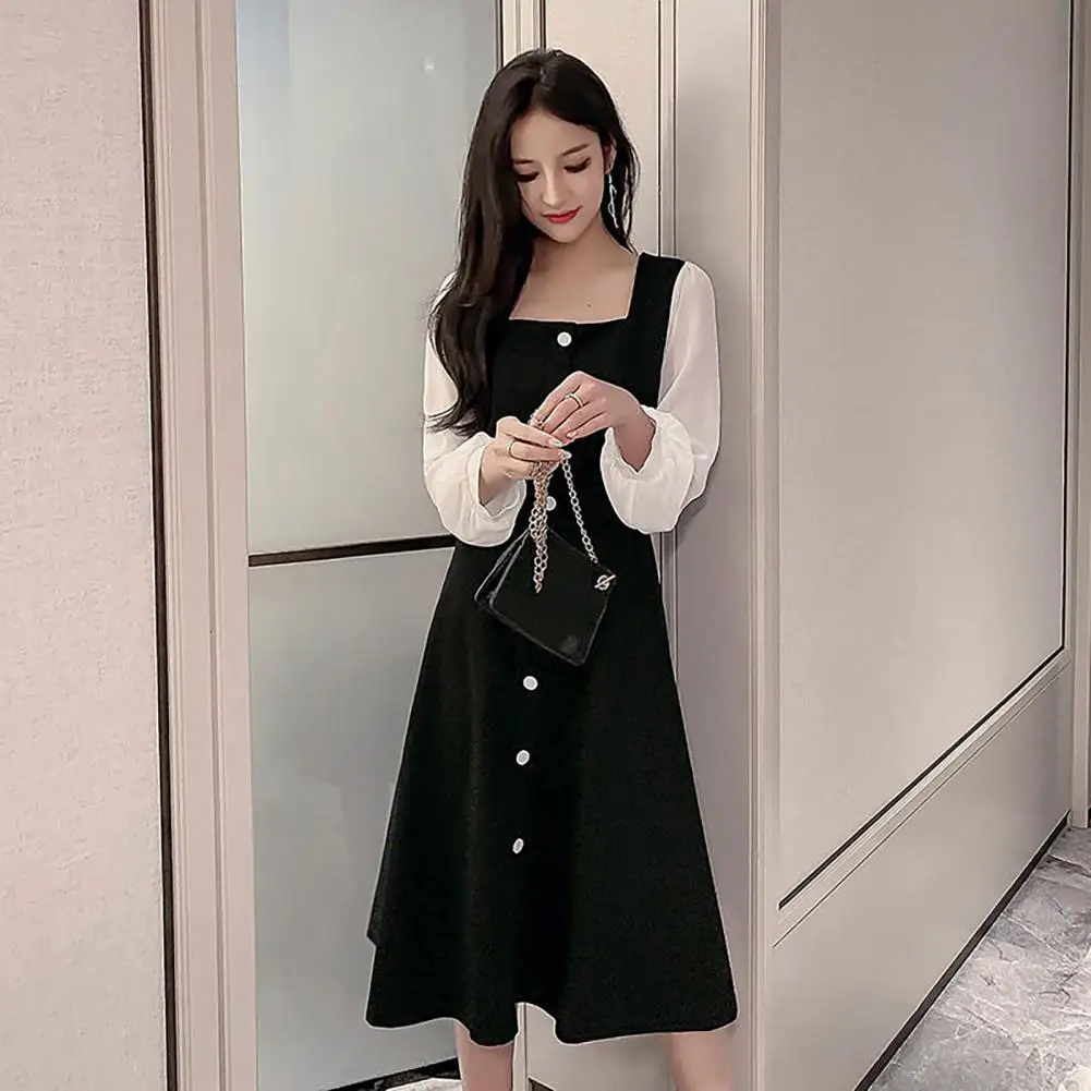 

Vintage Black Dress Square Neck Lantern Sleeve Party Robe High Waist Slim Vestido Korean Women Elegant Button Decor A-line Dress