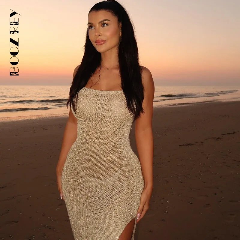 BoozRey 2024 Beach Cover Up Women Strapless Knitted Beach Dress Hollow Out Sexy Solid Tunic Swimwear New Female Bathing Suit