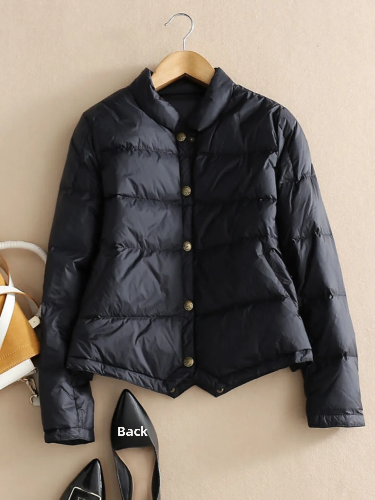 Women's Quilted White Duck down Shirt Single Button Stand Collar Short Length Thin Filling Commute Style Fashion Autumn Winte...