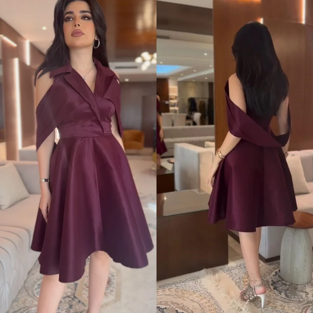 

Customized Satin Ruched Cocktail Party A-line V-neck Bespoke Occasion Gown Knee Length Dresses Evening Saudi Arabia Prom