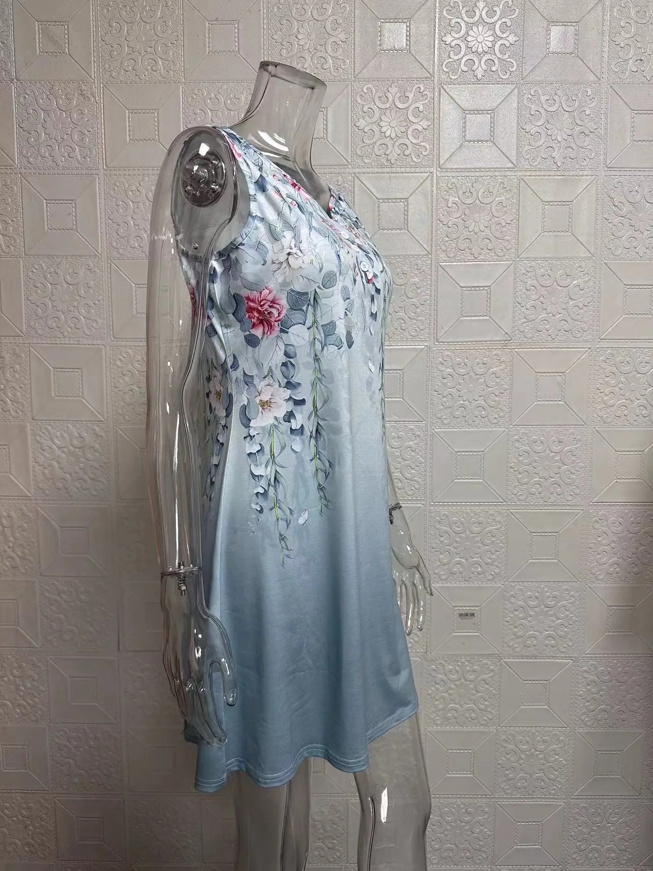 꽃무늬 프린트 캐주얼 스타일 A라인 스커트, 민소매 조끼, V넥 원피스, 여름 신상