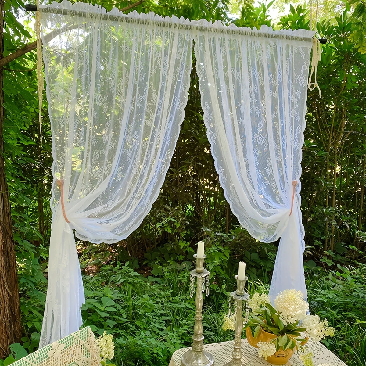 1pc White Floral Embroidered Lace Sheer Curtain Ruffled Hem Voile Light Filtering Drape for Kitchen Bedroom Living Room