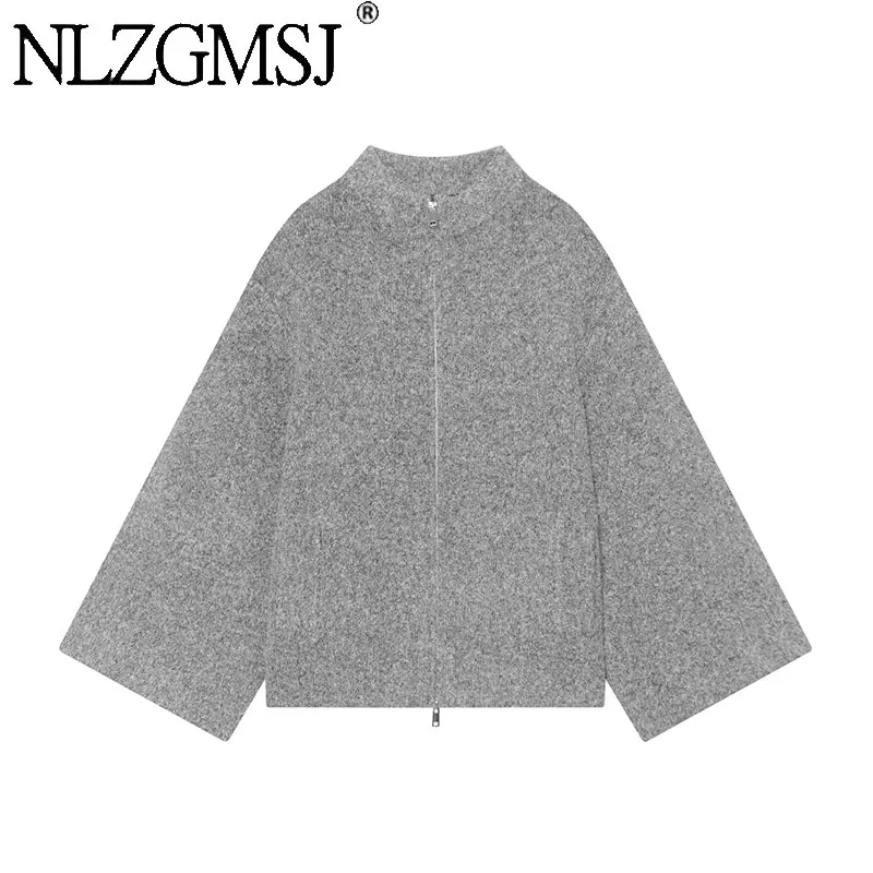 Nlzgmsj 2026 Autumn Elegant Women Stand Collar Zip Up Knit Sweater Wide Flare Sleeve Loose Short Cardigan Casual Outerwear