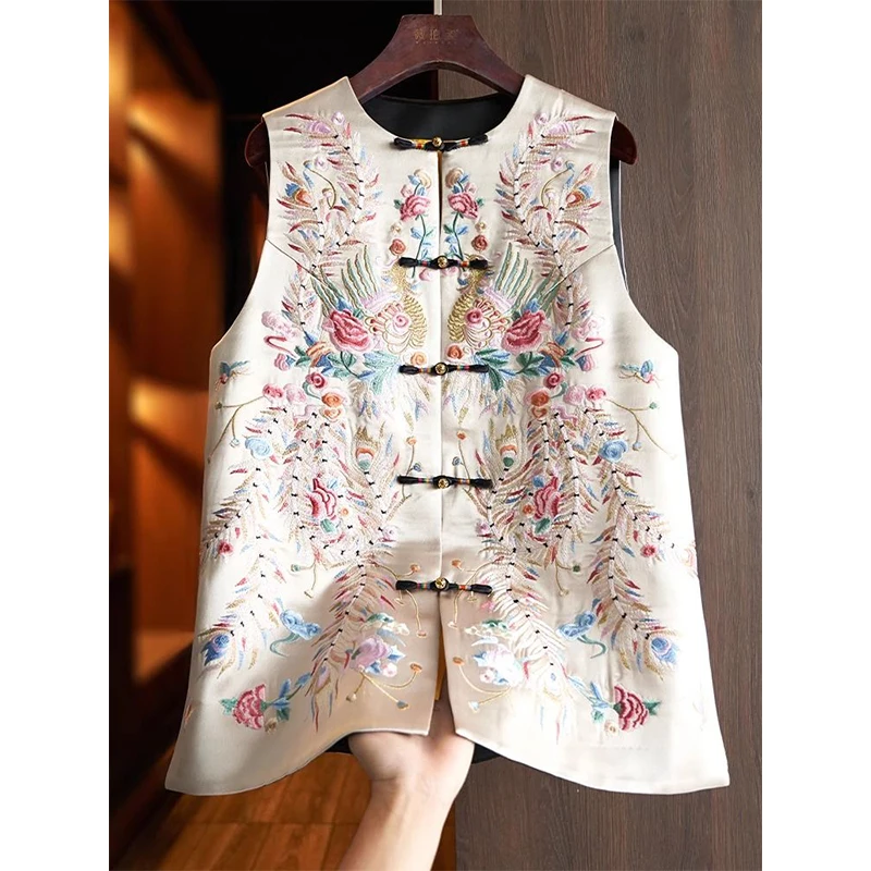 

Elegant Embroidered Acetate Vest Top Women's Fashion Retro Button New Chinese Style Layered Wear Polyester Fiber Commute Style