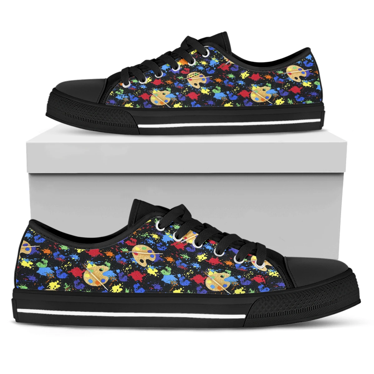 ELVISWORDS Fashion Oil Painting Graffiti Design Lightweight Outdoor Women's Vulcanized Shoes Black Soft-soled Canvas Shoes