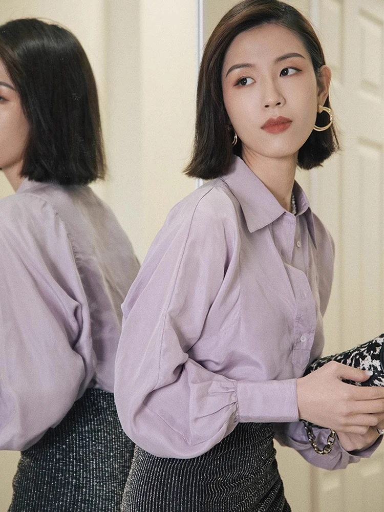 

Savia Fashion Blogger Long Sleeve White Shirt Women's Glowing Design Violet Purple Spring Top Commute Style Pure Color Button...
