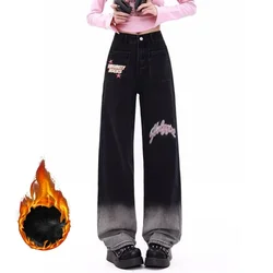 Woman High Waist Streetwear Thicken Wide Leg Jeans Female Fashion Punk Baggy Pants Lady Gothic Black Grey Thermal Denim Trousers