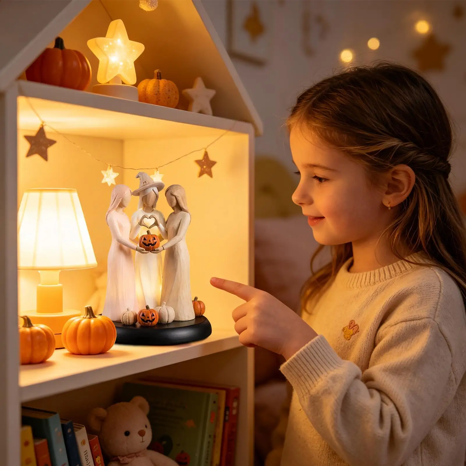 Friendship Figurines For Women With LED Lights Fall Halloween Pumpkin Three Sisters Figurine Fall Decor For Home Bedroom Living
