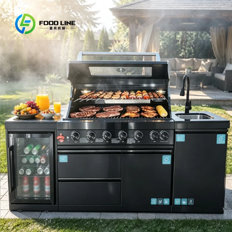 Custom 6-Burner Black Propane Grill, Free Collocation Outdoor BBQ Kitchen Pod for Backyard Garden