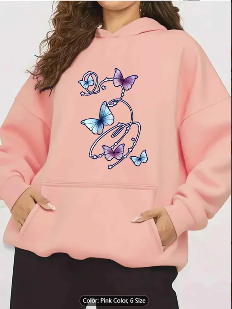 

Женская толстовка больших размеров на флисовой подкладке с принтом звезды и бабочки, уютная толстовка с капюшоном и карманами, которую можно стирать в машине, всесезонная повседневная одежда