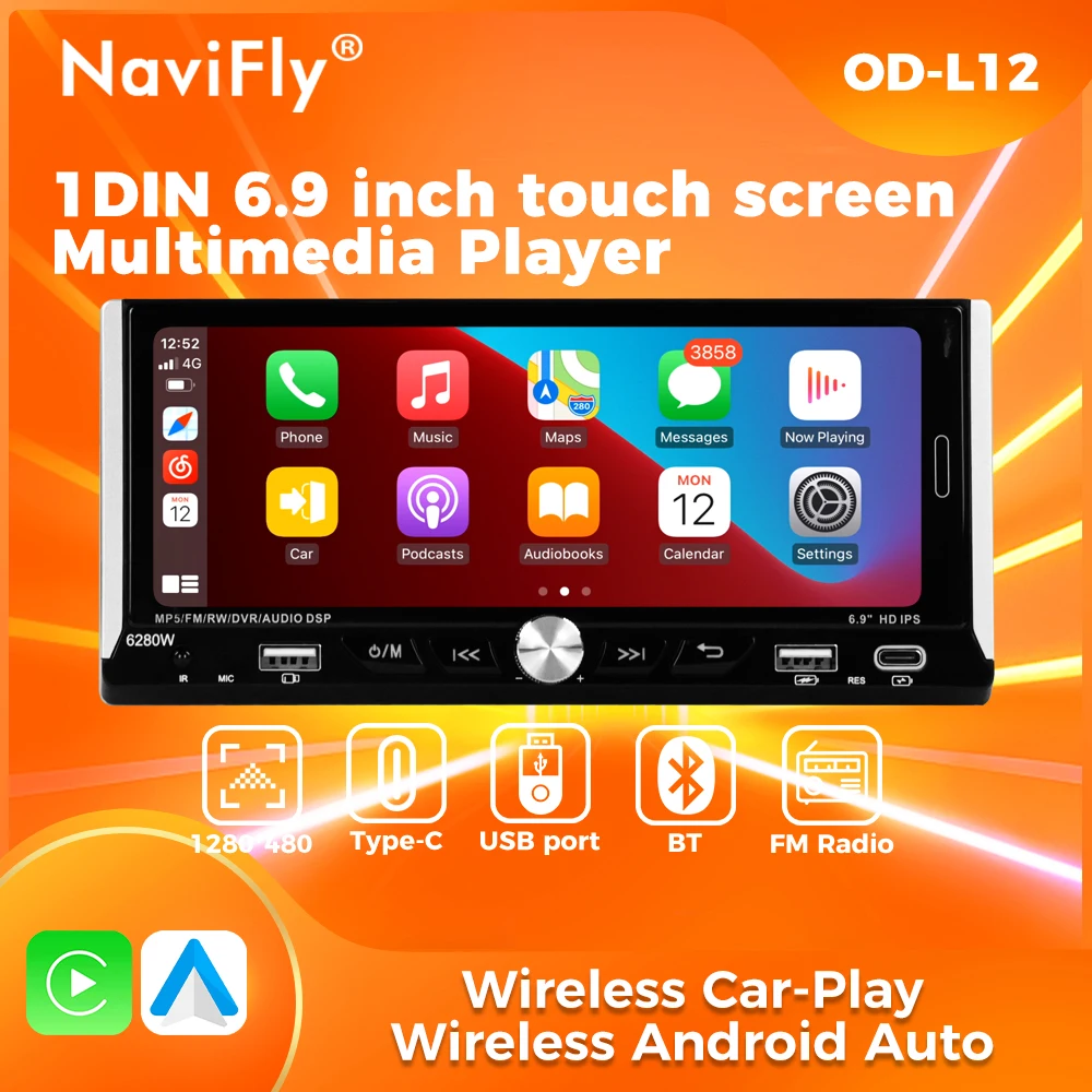 Navifly 1din Radio Wireless Carplay Android Auto GPS Navigation Stereo 6.9 Inch IPS HD Screen Car MP5 Player TF USB Rear Camera