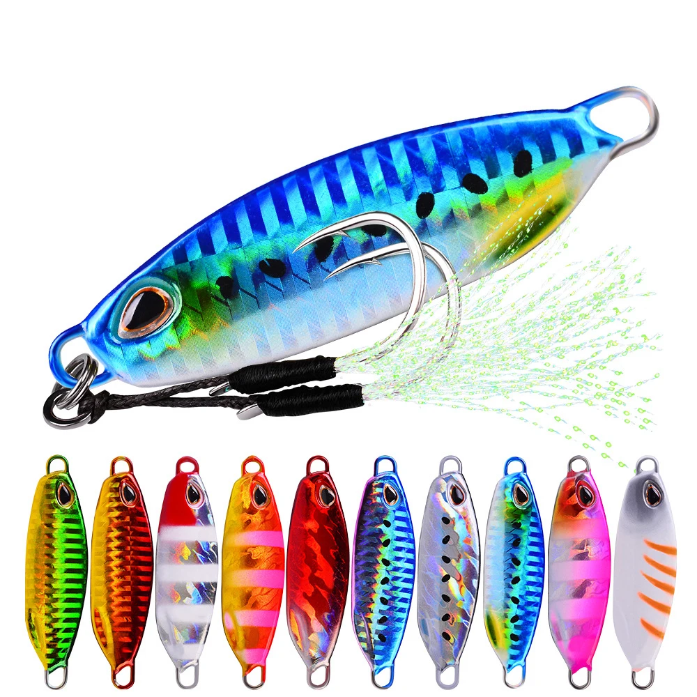 

1pcs Metal Fishing Bait 10g-50g Sinking Sea Bass Lead Jig Fish Lure 10 Color Artificial Lifelike Jigging Lure Bass Hook LF108