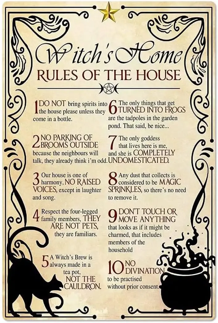 FESFWitch'S Home Rules of The House Metal Signs Wall Decor for Home Kitchen Living Room Club ,Halloween Party Decoration 8x sign