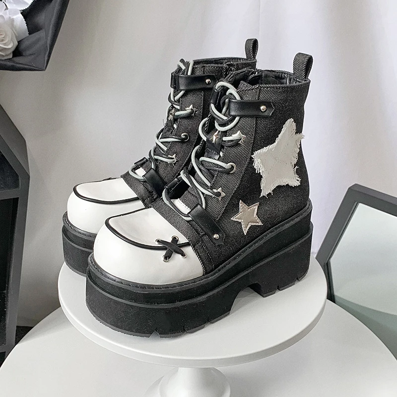 Japanese Original Punk Platform Denim Boots Girl Sweet Cool Round