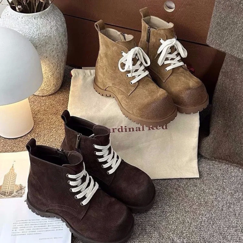

Women's Versatile Leather Boots New Autumn and Winter retro Nubuck Leather Short Tube Lace-up Women's Short Boots