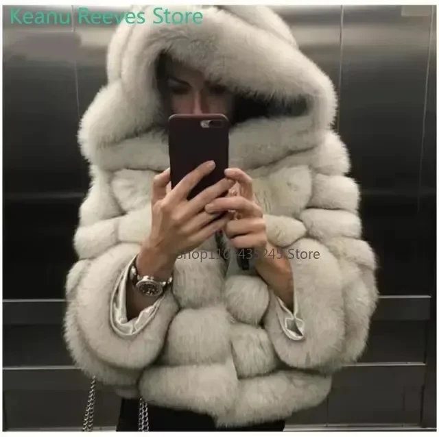 2025 New Luxury Faux Fox Fur Coat Women Short Winter Jacket with Big Fur Hood Thick Warm Overcoat Fashion Flurry Fake Fur Coats