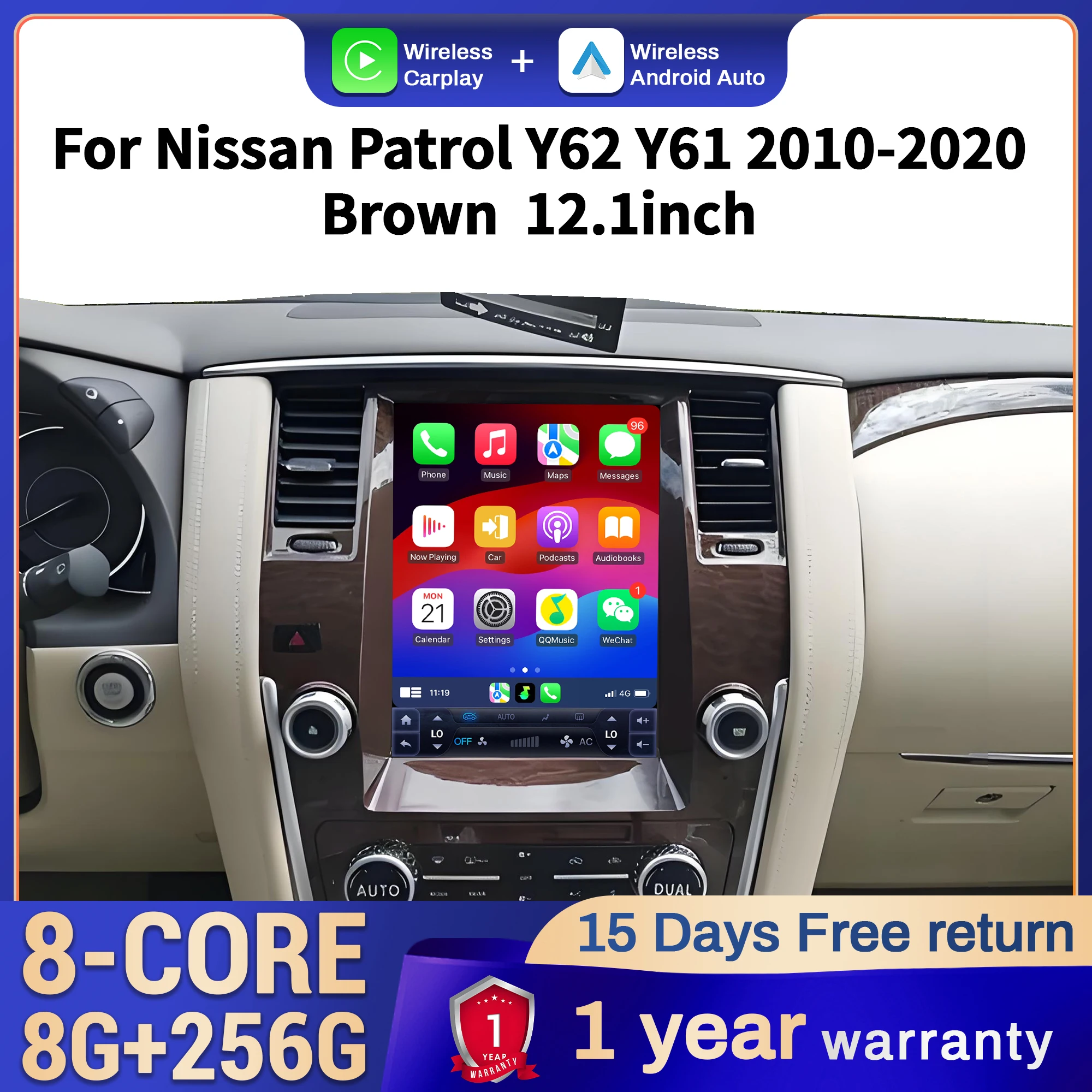 

12.1 Inch Android 14 Car Radio for Nissan Patrol Y62 Y61 2010-2020 Brown Touch Screen Wireless BT CarPlay Multimedia Head Unit