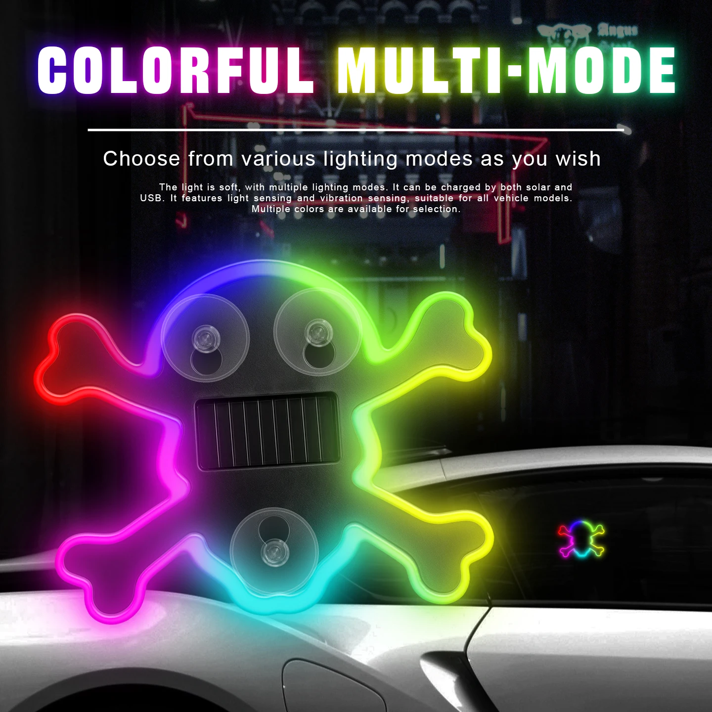 Universal Solar Powered Skull Crossbones LED Neon Wireless No Wiring Auto Flash Window Ambient Lamp Halloween Vehicle Decor Lamp