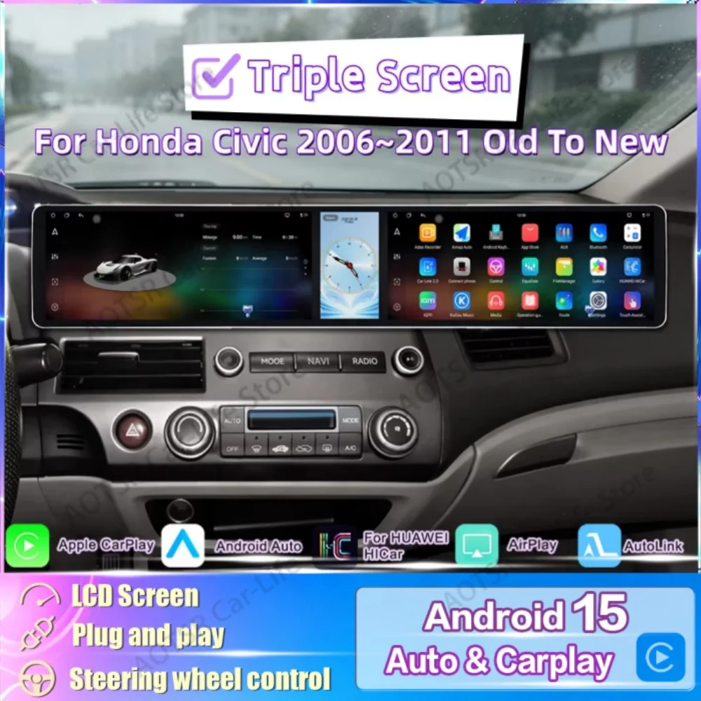 Triple Screen Android Car Radio For Honda Civic 2006~2011 Old To New Car Multimedia Player GPS Navigation CarPlay Auto Head Unit