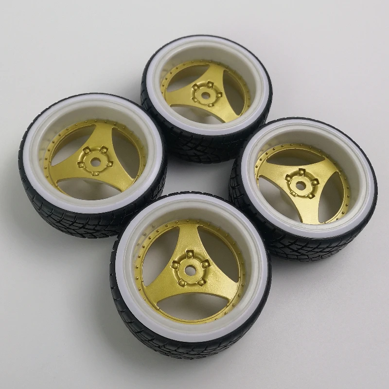 4pcs 6mm Offset 1/10 Scale Plastic Wheels Rim with Hard Plastic Tires with White Insert RC Car Drift On Road Touring Model Hobby