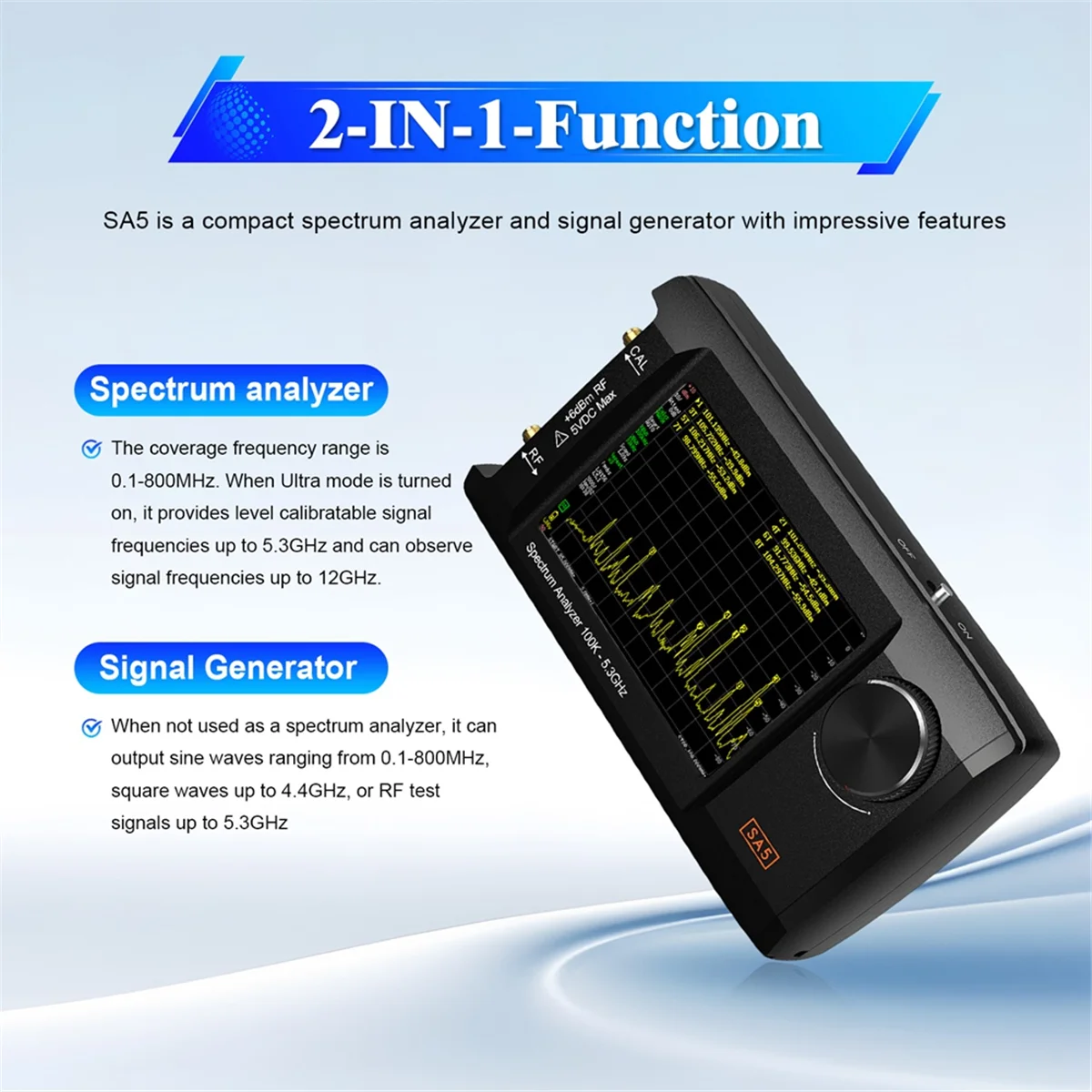 Newest 4inch IPS LCD SA5 Spectrum Analyzer Spectrum Anslyzer 100k-5.3GHz Signal Generator Built-in 5000mAh Battery