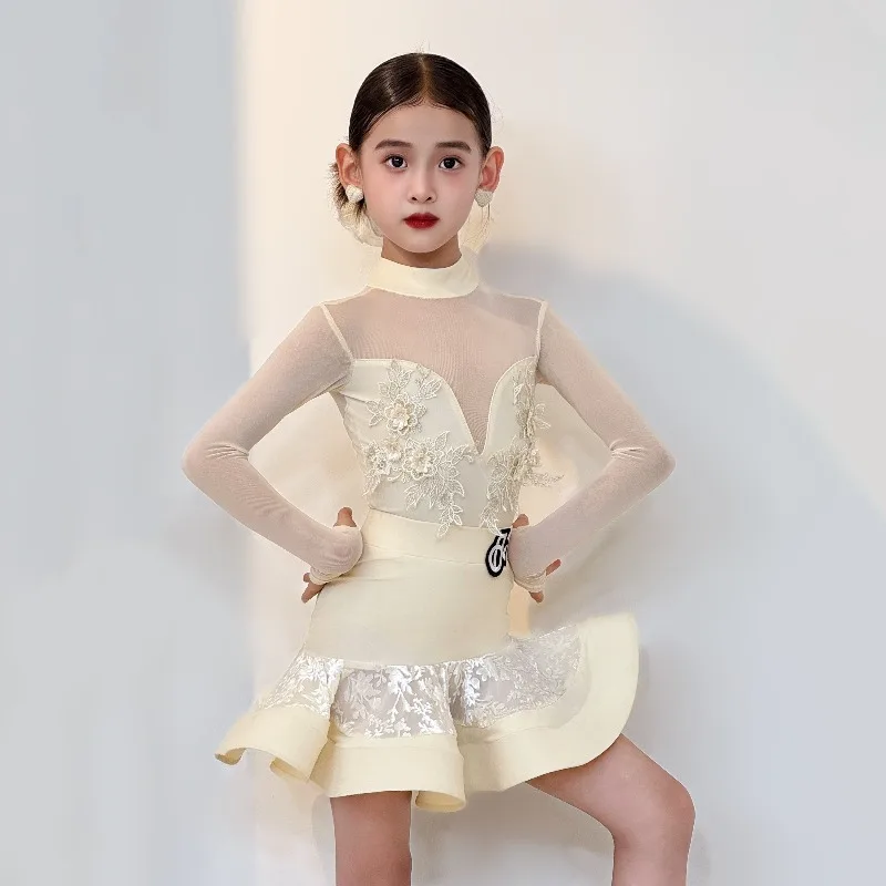 Terno de dança latina para meninas, conjunto de saia de desempenho de prática avançada para outono e inverno com terno de sentido