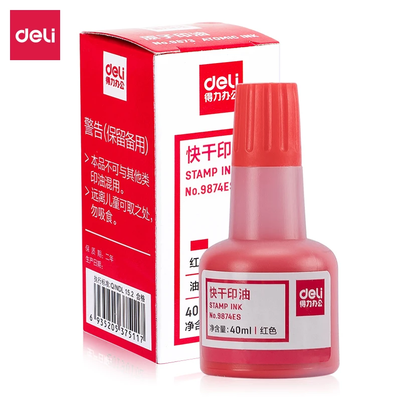 Deli-almohadilla de tinta para sello, accesorio de papelería para finanzas, redonda y cuadrada, color rojo, negro y azul, 40ml, 1 piezas, 9874es