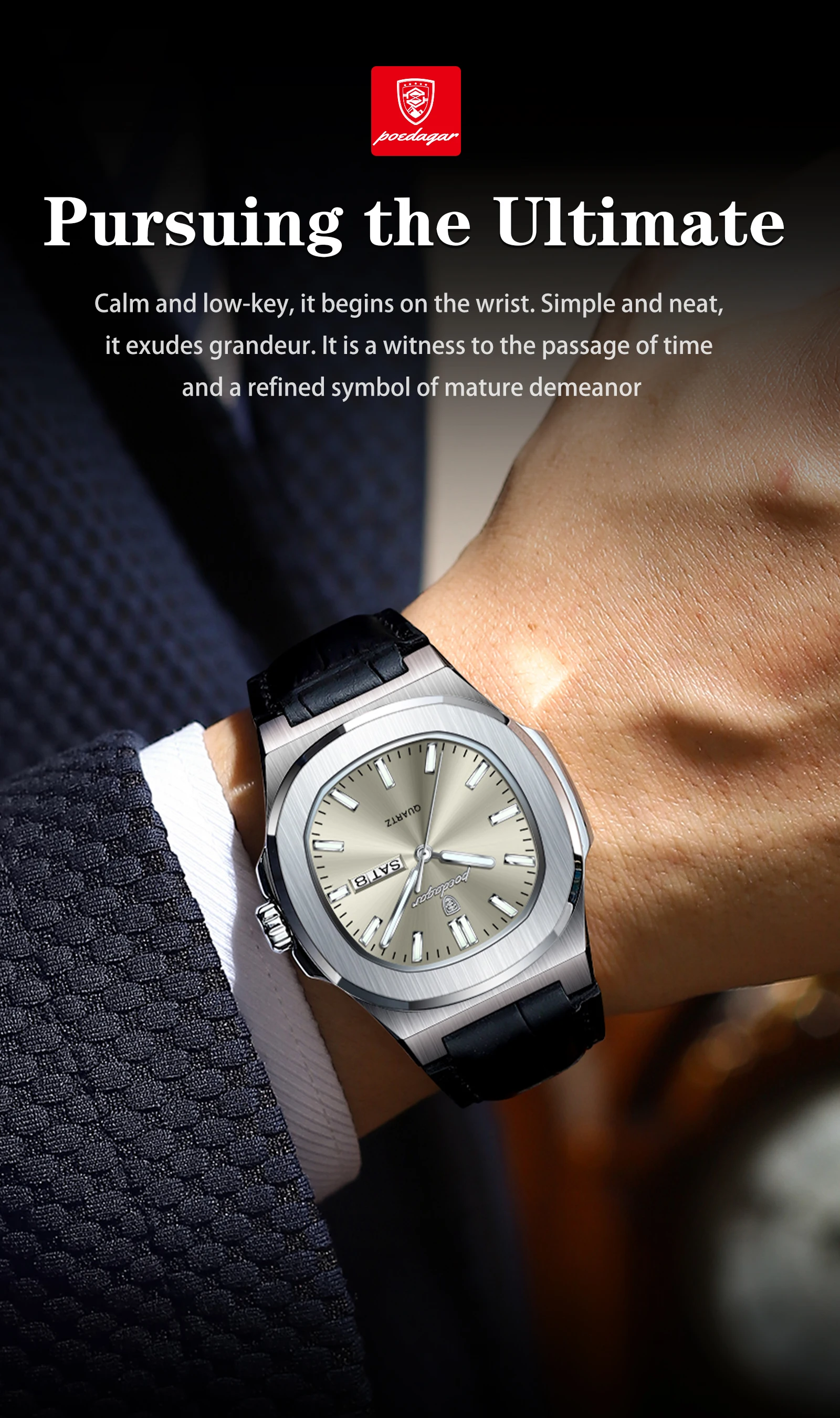 POEDAGAR Top Casual Herrenuhr Leuchtend Wasserdicht Leder Business Herren-Armbanduhr mit Wochentag und Datum Quarz Mode Herrenuhren Reloj – Detail 14