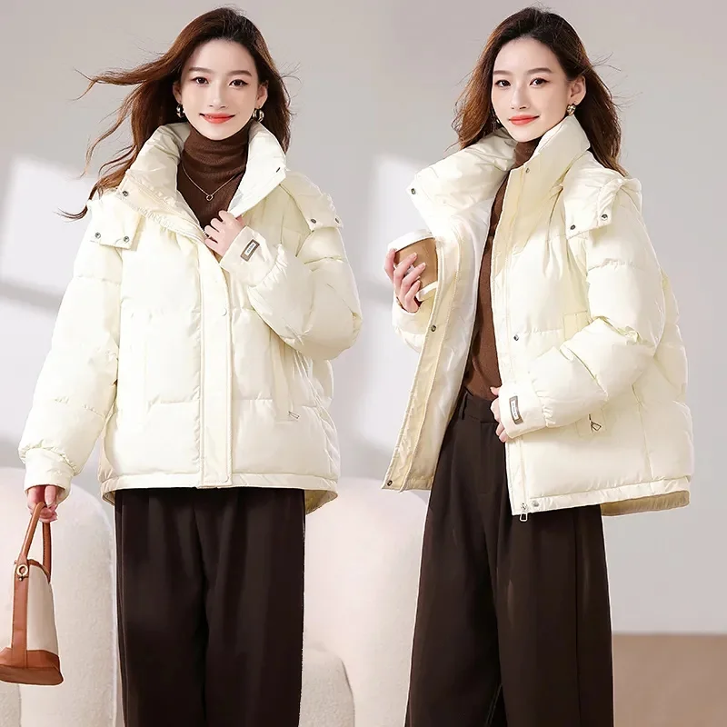 Krótka, ciepła, bawełniana kurtka puchowa damska z kapturem, nowość na zimę 2025, parki damskie w stylu koreańskim, odzież wierzchnia typu \"bread coat\", damskie topy.