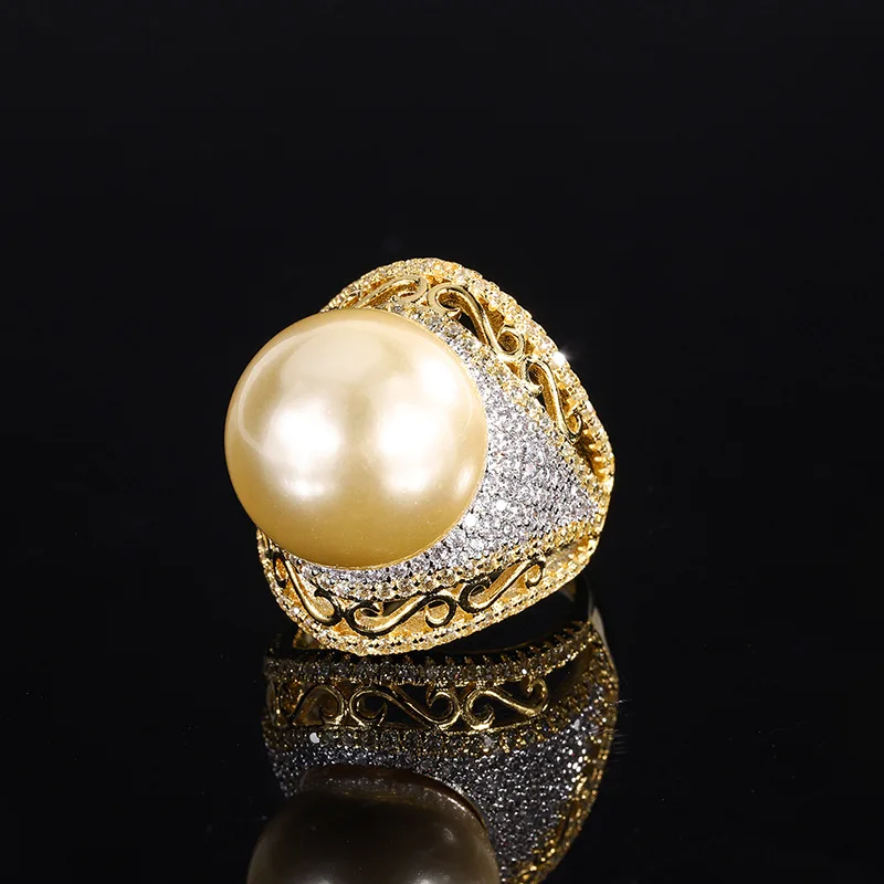 New style ring inlaid with golden shell pearls in light gold color, women's fashion ring jewelry accessories wholesale 16mm