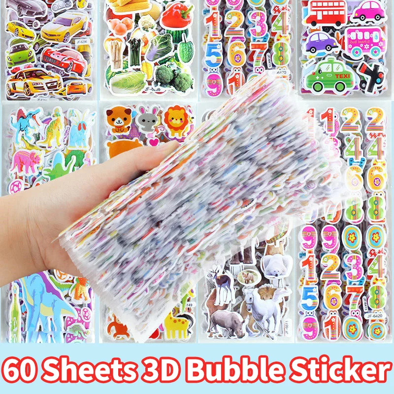 40 60 Different Sheets 3D Stickers for Kids Puffy Children Stickers Boys Girls Teachers Reward Craft Scrapbooking Gift Toys