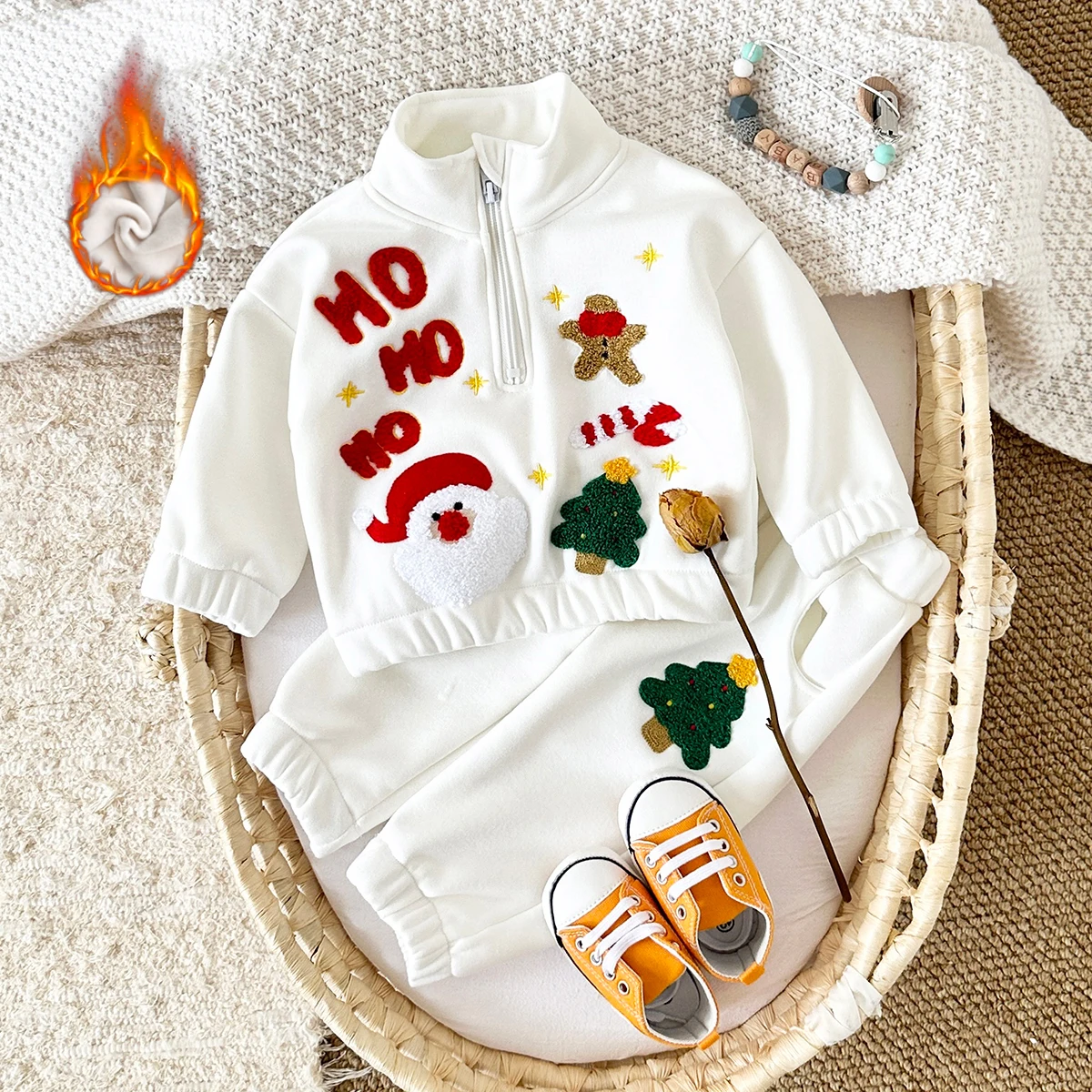 Christmas Day Newborn Baby Set Winter Boy Clothes Santa Claus Embroidery Thick Up Collar Top+Pants Warmth Infant Sportswear 2Pcs