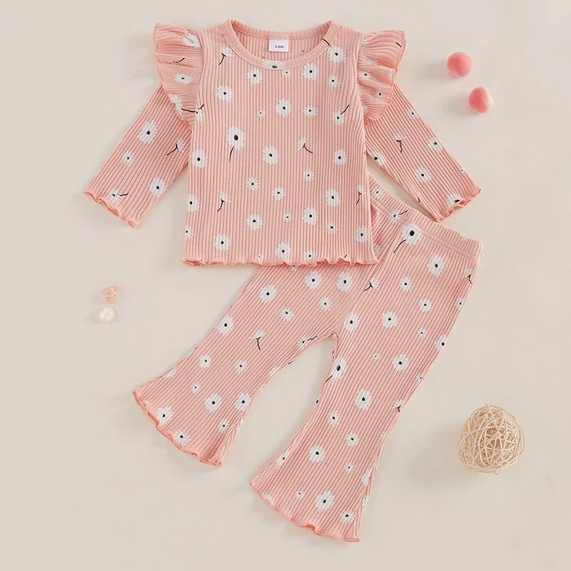 Kid Clothes Girls Pants Set Flower Print Long Sleeve Crew Neck T-shirt with Flare Pants Fall Autumn 2pcs Outfit